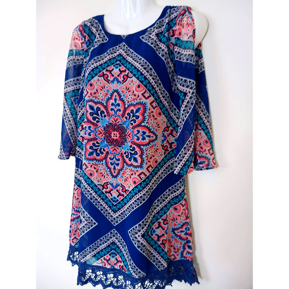 Red Camel Boho Mandala Slit Sleeve Lace Hem Dress - Picture 2 of 9